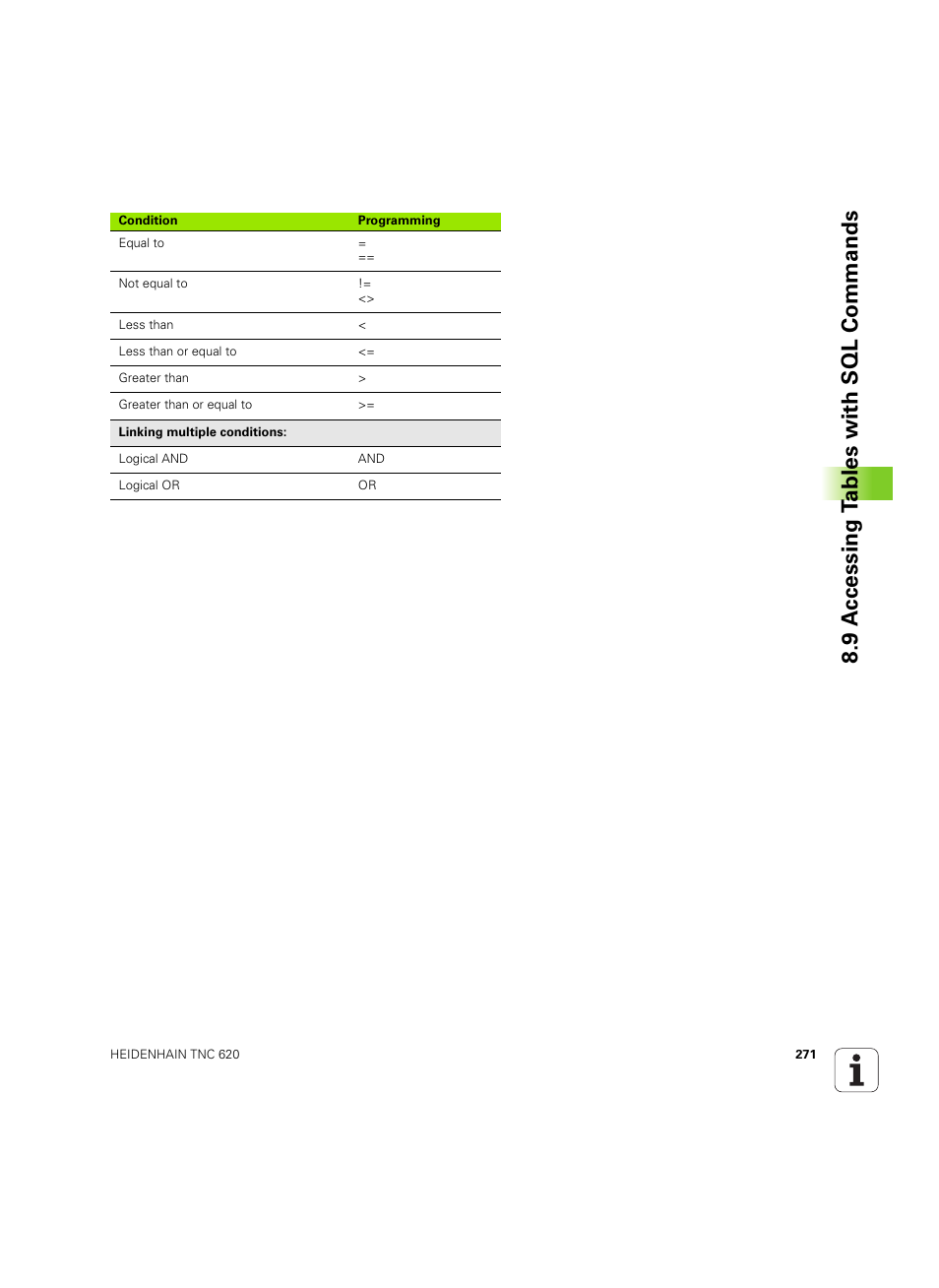 9 a c cessing t a bles with sql commands | HEIDENHAIN TNC 620 (340 56x-03) User Manual | Page 271 / 541