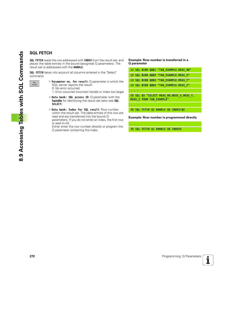 Sql fetch, 9 a c cessing t a bles with sql commands | HEIDENHAIN TNC 620 (340 56x-03) User Manual | Page 272 / 541