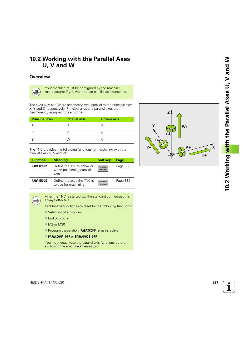 2 working with the parallel axes u, v and w, Overview | HEIDENHAIN TNC 620 (340 56x-03) User Manual | Page 327 / 541