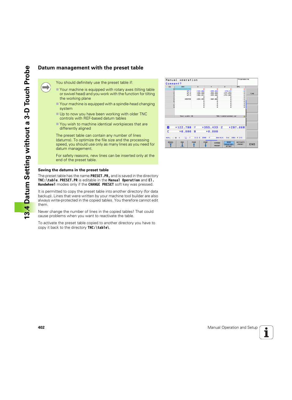 Datum management with the preset table, 4 d a tum set ting without a 3-d t o uc h pr obe | HEIDENHAIN TNC 620 (340 56x-03) User Manual | Page 402 / 541