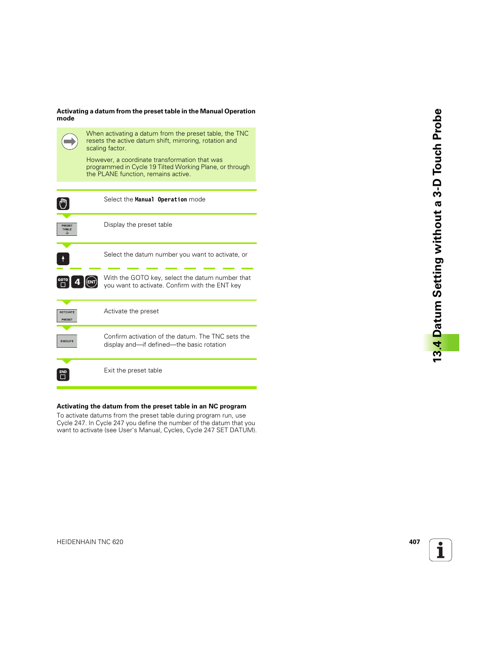 4 d a tum set ting without a 3-d t o uc h pr obe | HEIDENHAIN TNC 620 (340 56x-03) User Manual | Page 407 / 541