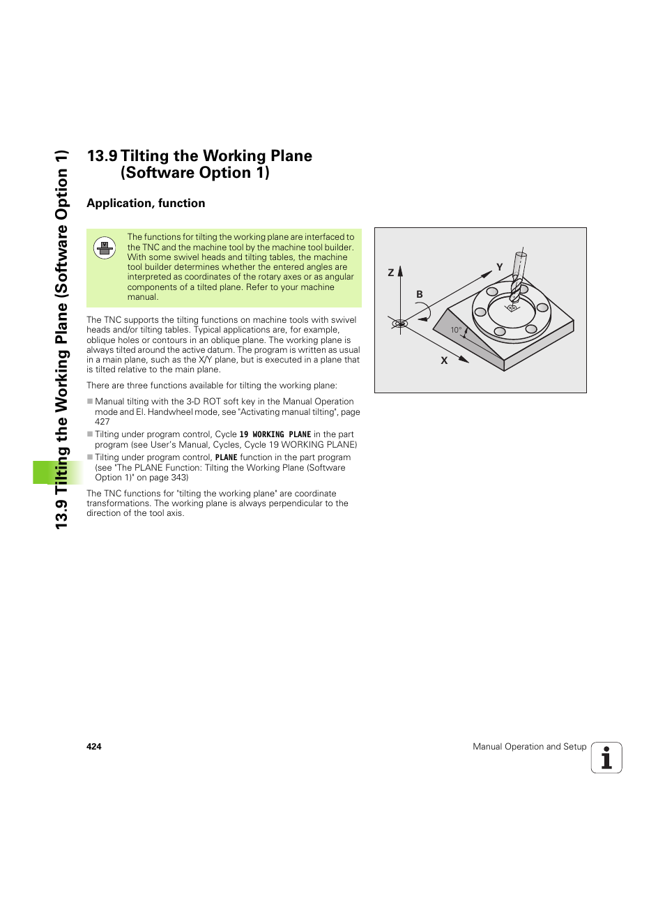 9 tilting the working plane (software option 1), Application, function | HEIDENHAIN TNC 620 (340 56x-03) User Manual | Page 424 / 541