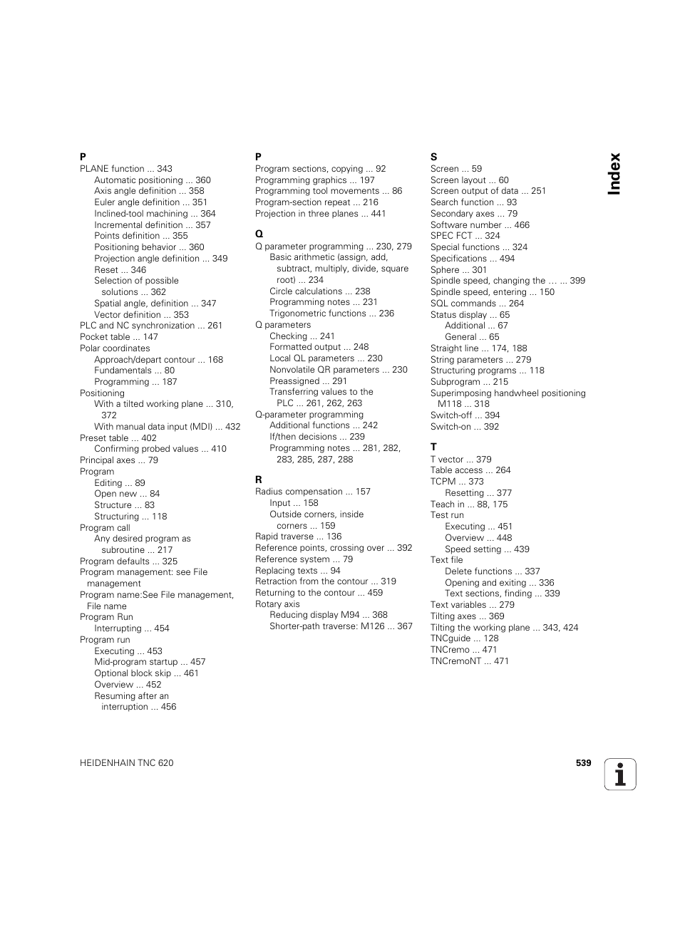 Index | HEIDENHAIN TNC 620 (340 56x-03) User Manual | Page 539 / 541