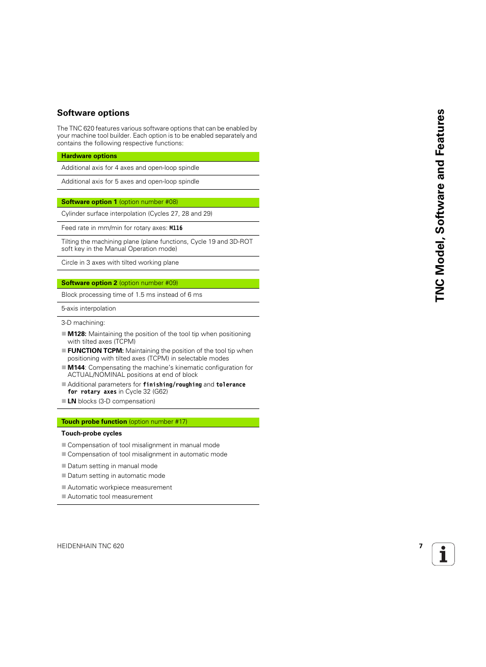 Software options, Tnc model, sof tw a re and f eat ur es | HEIDENHAIN TNC 620 (340 56x-03) User Manual | Page 7 / 541