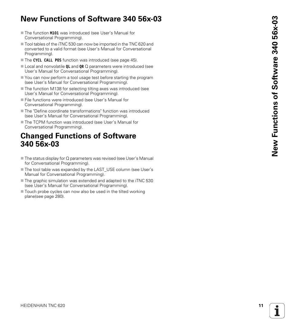 New functions of software 340 56x-03, Changed functions of software 340 56x-03 | HEIDENHAIN TNC 620 (340 56x-03) Cycle programming User Manual | Page 11 / 459