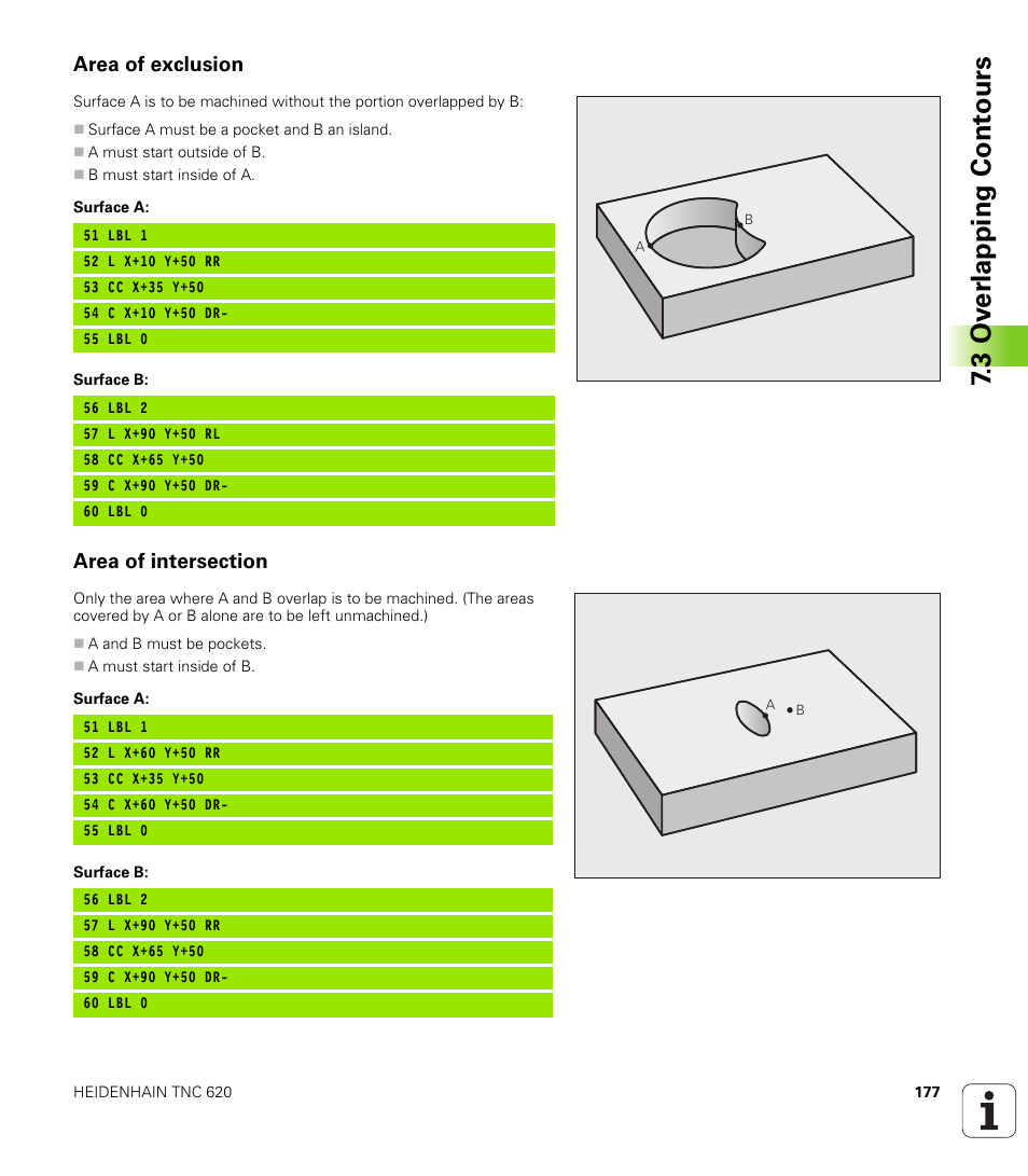 Area of exclusion, Area of intersection, 3 ov er lapping cont ours | HEIDENHAIN TNC 620 (340 56x-03) Cycle programming User Manual | Page 177 / 459