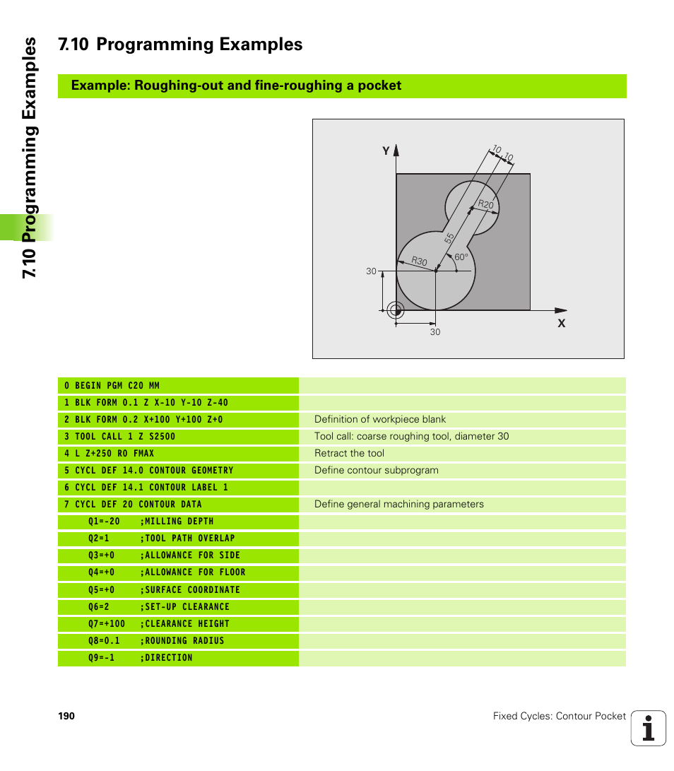10 programming examples, Example: roughing-out and fine-roughing a pocket | HEIDENHAIN TNC 620 (340 56x-03) Cycle programming User Manual | Page 190 / 459