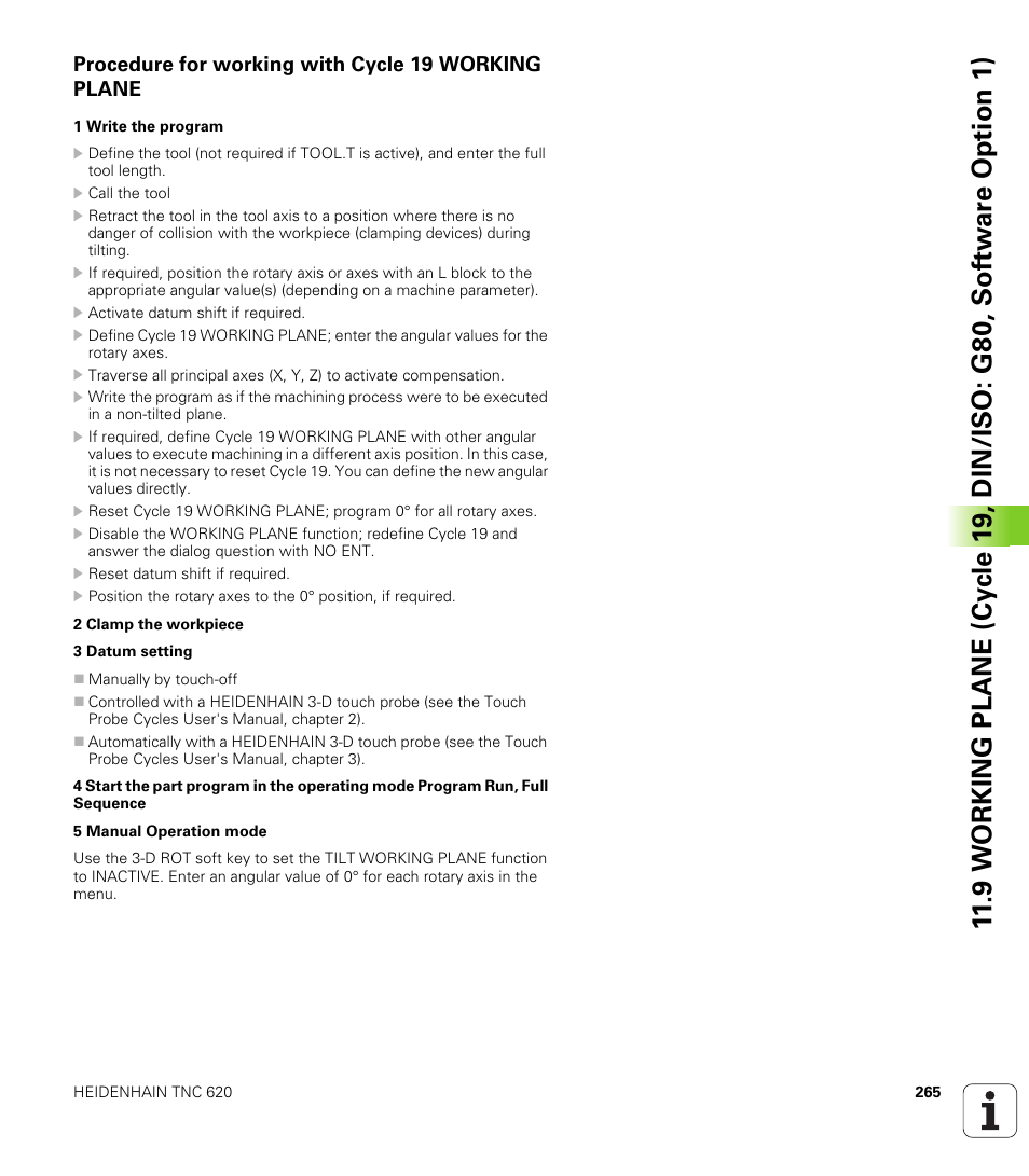 Procedure for working with cycle 19 working plane | HEIDENHAIN TNC 620 (340 56x-03) Cycle programming User Manual | Page 265 / 459