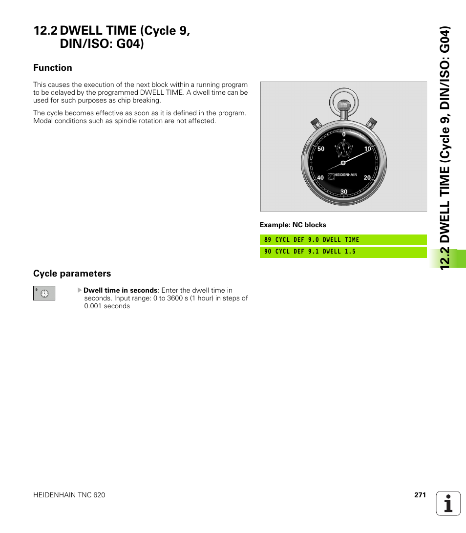 2 dwell time (cycle 9, din/iso: g04), Function, Cycle parameters | HEIDENHAIN TNC 620 (340 56x-03) Cycle programming User Manual | Page 271 / 459
