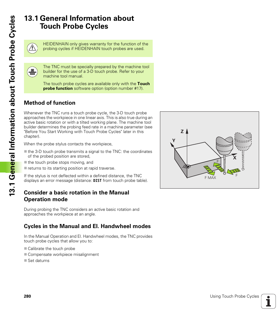1 general information about touch probe cycles, Method of function, Cycles in the manual and el. handwheel modes | HEIDENHAIN TNC 620 (340 56x-03) Cycle programming User Manual | Page 280 / 459