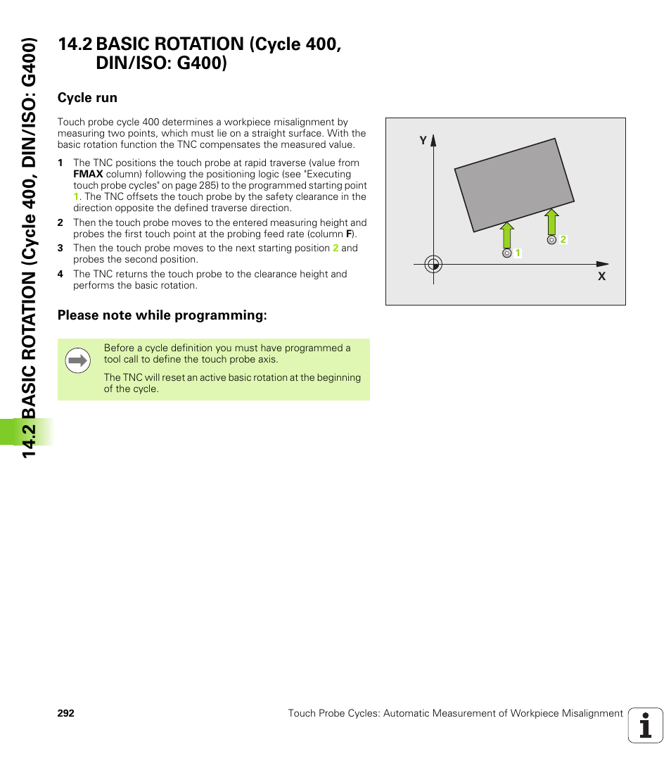 2 basic rotation (cycle 400, din/iso: g400), Cycle run, Please note while programming | HEIDENHAIN TNC 620 (340 56x-03) Cycle programming User Manual | Page 292 / 459
