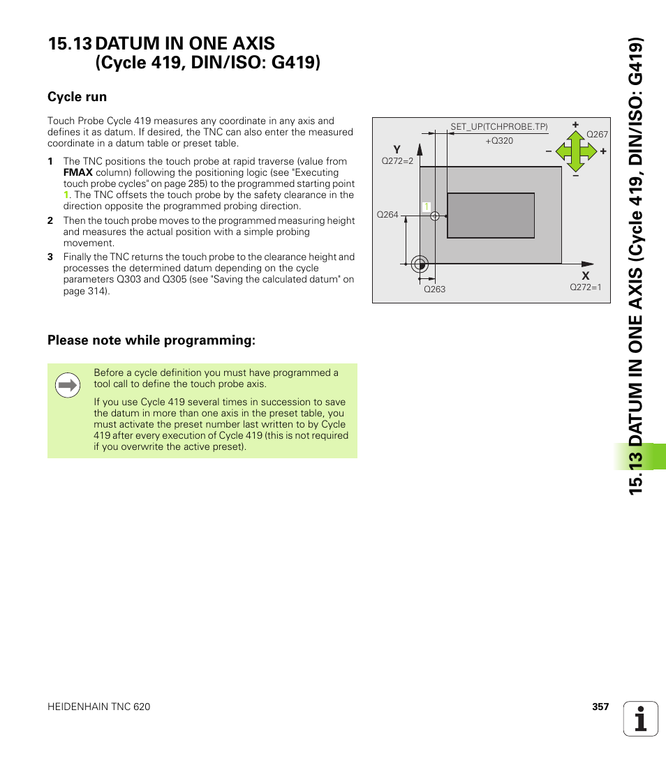 13 datum in one axis (cycle 419, din/iso: g419), Cycle run, Please note while programming | HEIDENHAIN TNC 620 (340 56x-03) Cycle programming User Manual | Page 357 / 459