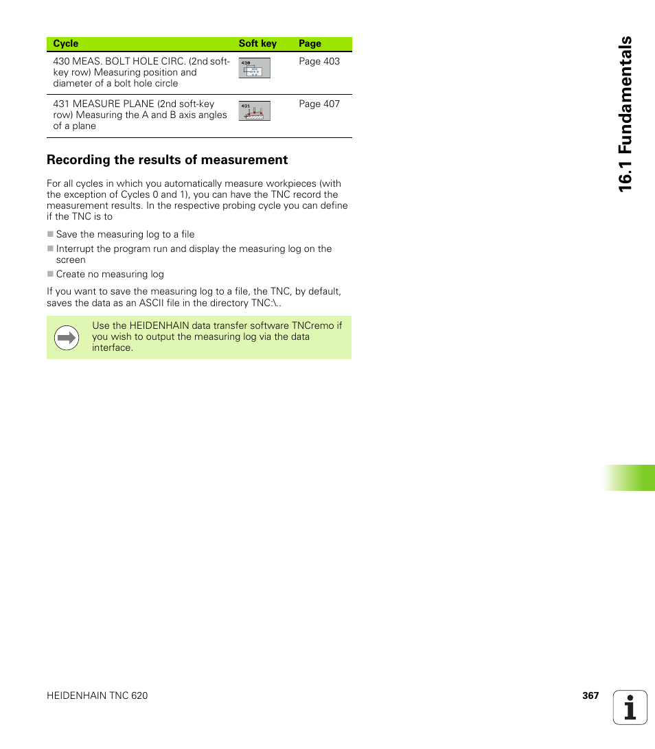 Recording the results of measurement, 1 f undamentals | HEIDENHAIN TNC 620 (340 56x-03) Cycle programming User Manual | Page 367 / 459