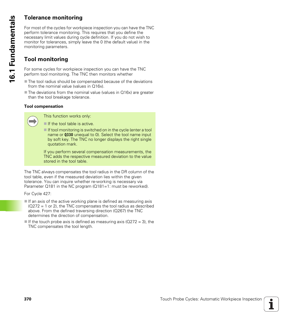 Tolerance monitoring, Tool monitoring, 1 f undamentals | HEIDENHAIN TNC 620 (340 56x-03) Cycle programming User Manual | Page 370 / 459