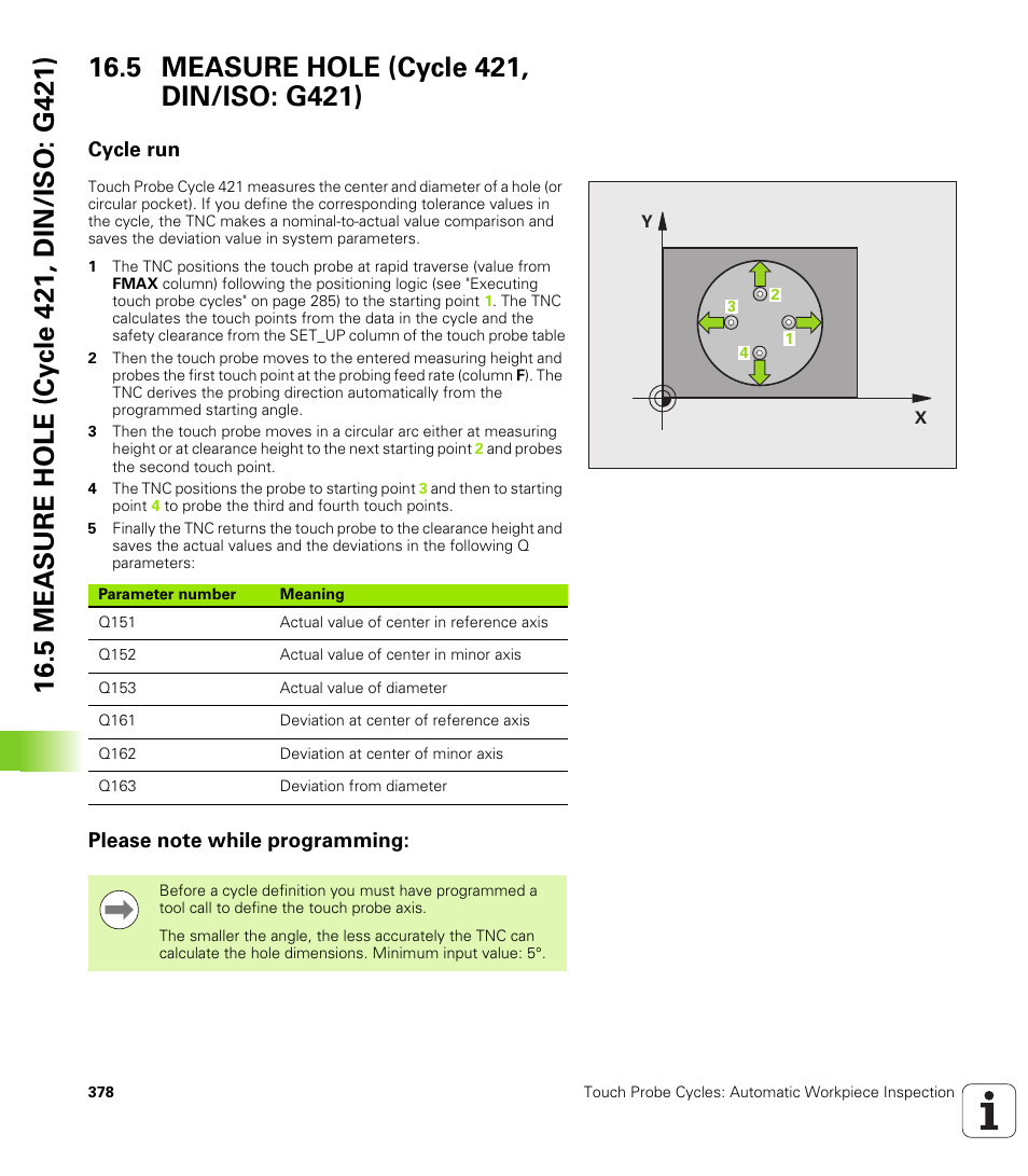 5 measure hole (cycle 421, din/iso: g421), Cycle run, Please note while programming | HEIDENHAIN TNC 620 (340 56x-03) Cycle programming User Manual | Page 378 / 459