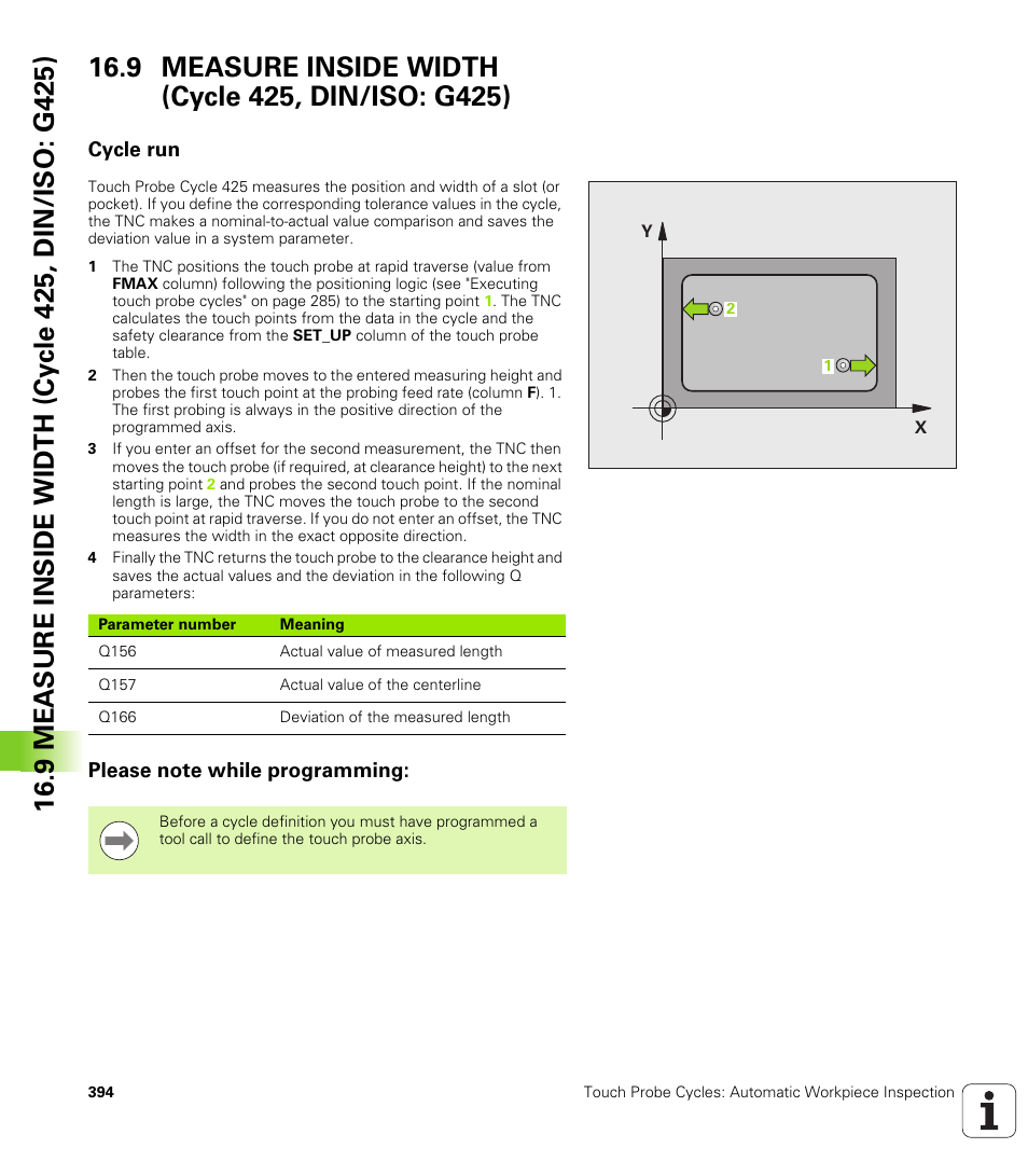 9 measure inside width (cycle 425, din/iso: g425), Cycle run, Please note while programming | HEIDENHAIN TNC 620 (340 56x-03) Cycle programming User Manual | Page 394 / 459