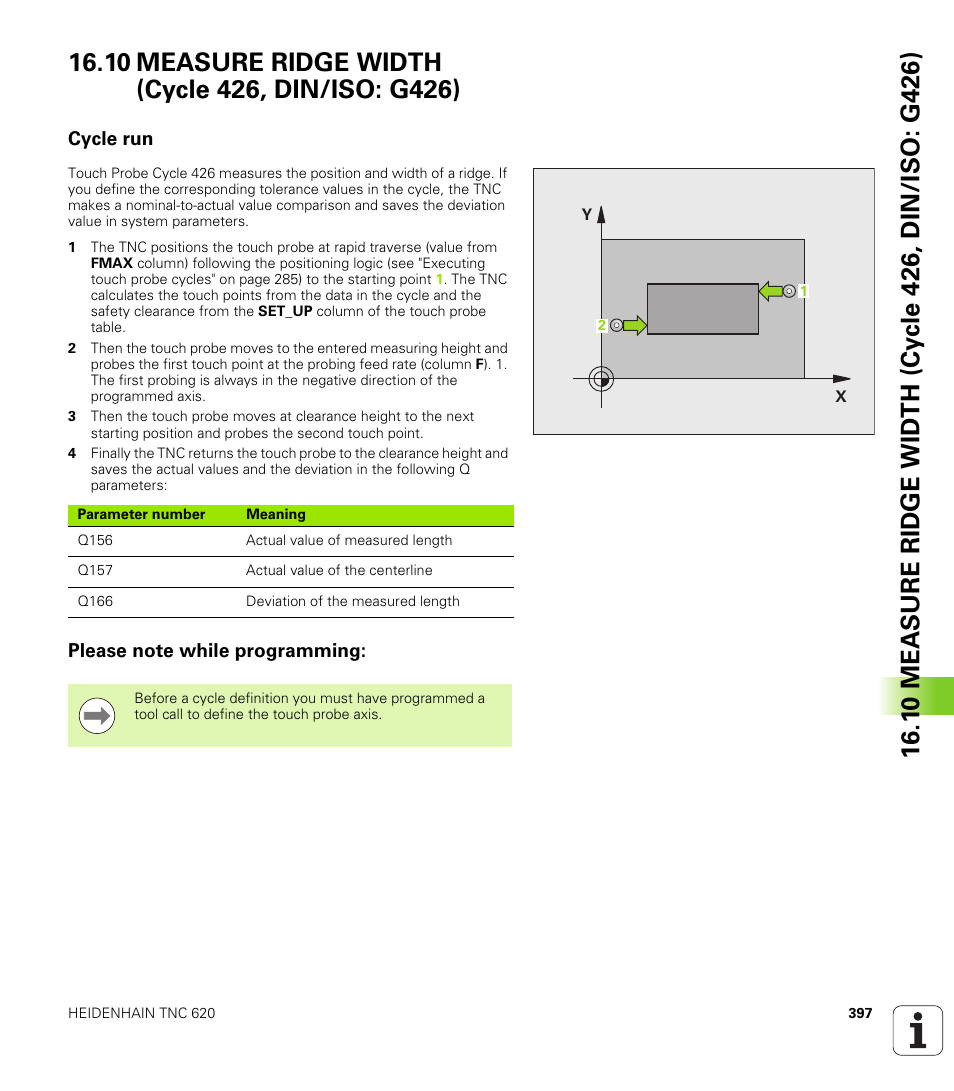 10 measure ridge width (cycle 426, din/iso: g426), Cycle run, Please note while programming | HEIDENHAIN TNC 620 (340 56x-03) Cycle programming User Manual | Page 397 / 459