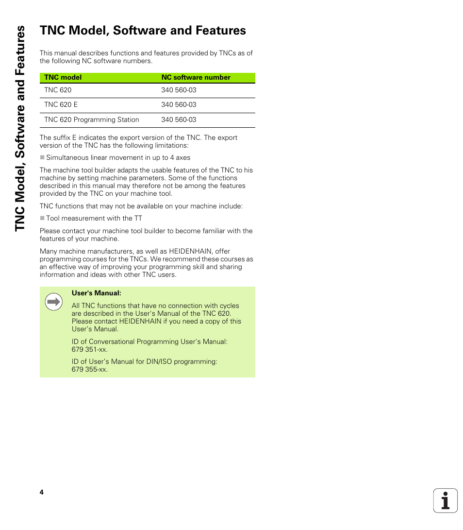 Tnc model, software and features | HEIDENHAIN TNC 620 (340 56x-03) Cycle programming User Manual | Page 4 / 459