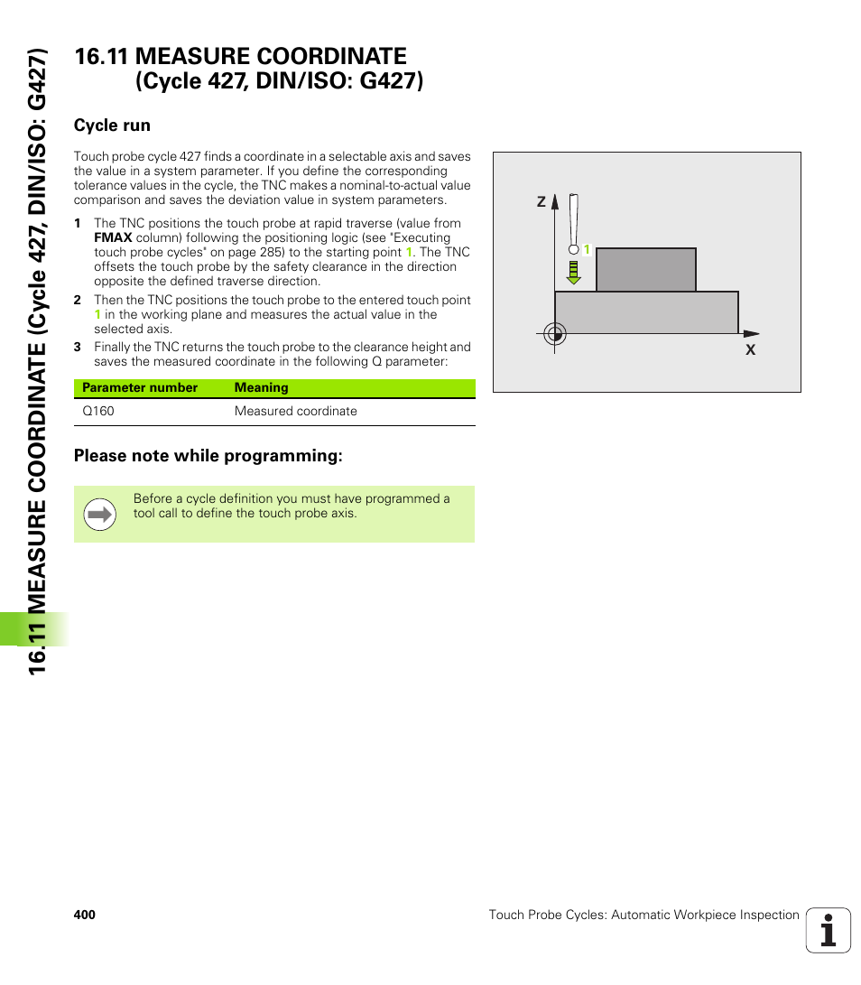 11 measure coordinate (cycle 427, din/iso: g427), Cycle run, Please note while programming | HEIDENHAIN TNC 620 (340 56x-03) Cycle programming User Manual | Page 400 / 459