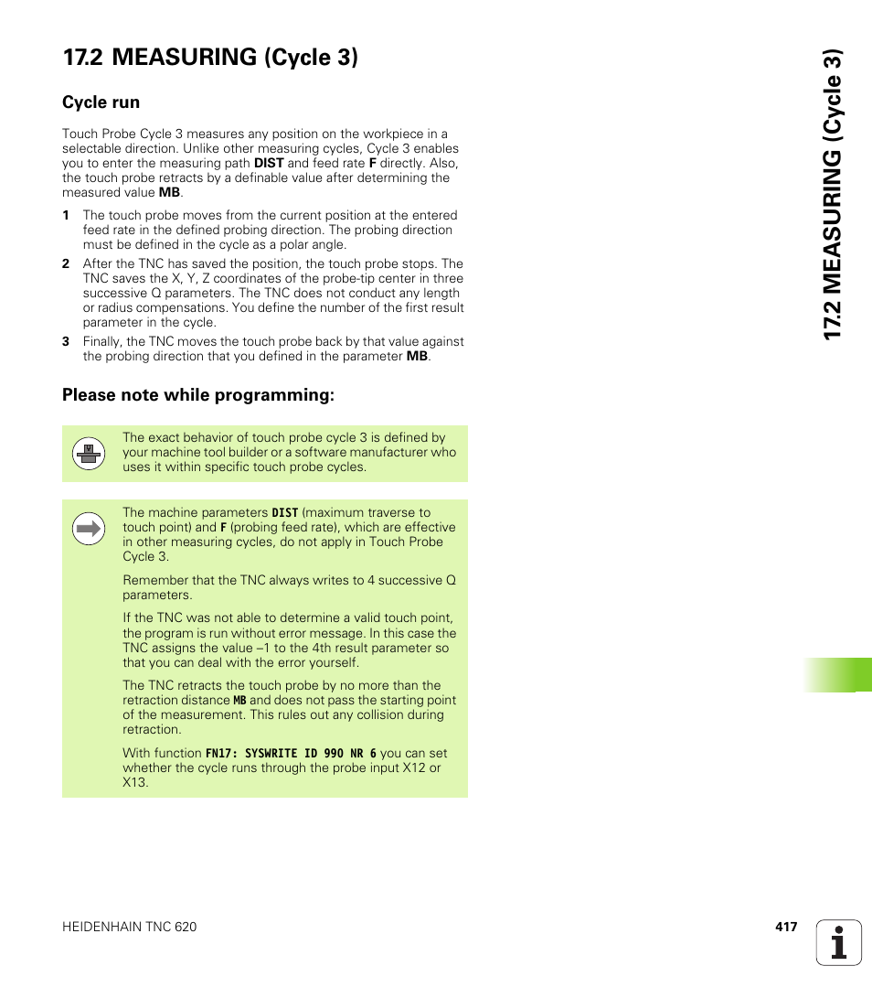 2 measuring (cycle 3), Cycle run, Please note while programming | HEIDENHAIN TNC 620 (340 56x-03) Cycle programming User Manual | Page 417 / 459