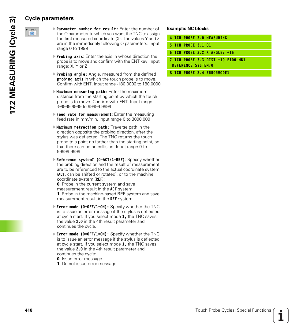 Cycle parameters, 2 mea s uring (cy c le 3) | HEIDENHAIN TNC 620 (340 56x-03) Cycle programming User Manual | Page 418 / 459