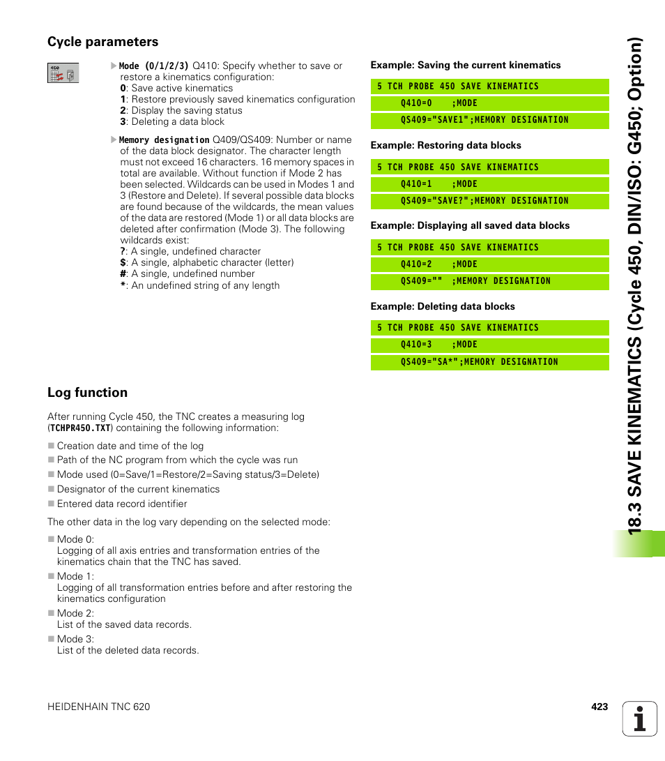 Cycle parameters, Log function | HEIDENHAIN TNC 620 (340 56x-03) Cycle programming User Manual | Page 423 / 459