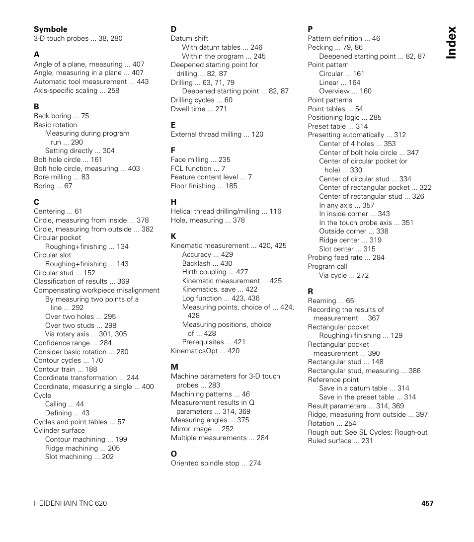 Index | HEIDENHAIN TNC 620 (340 56x-03) Cycle programming User Manual | Page 457 / 459