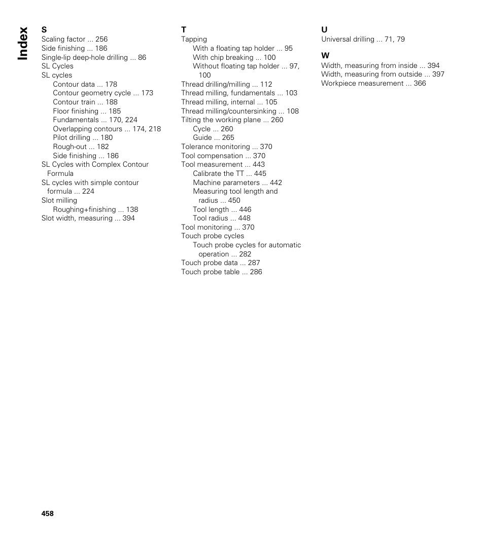Index | HEIDENHAIN TNC 620 (340 56x-03) Cycle programming User Manual | Page 458 / 459
