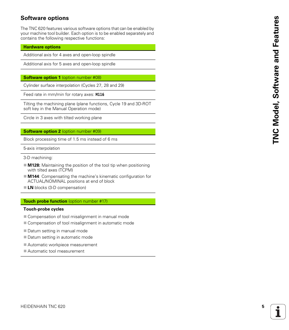 Software options, Tnc model, sof tw a re and f eat ur es | HEIDENHAIN TNC 620 (340 56x-03) Cycle programming User Manual | Page 5 / 459