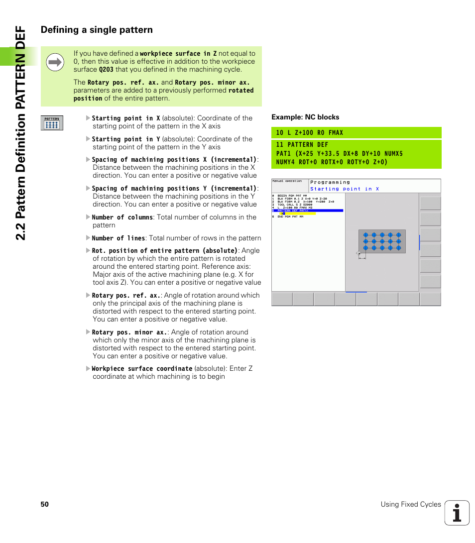 Defining a single pattern | HEIDENHAIN TNC 620 (340 56x-03) Cycle programming User Manual | Page 50 / 459