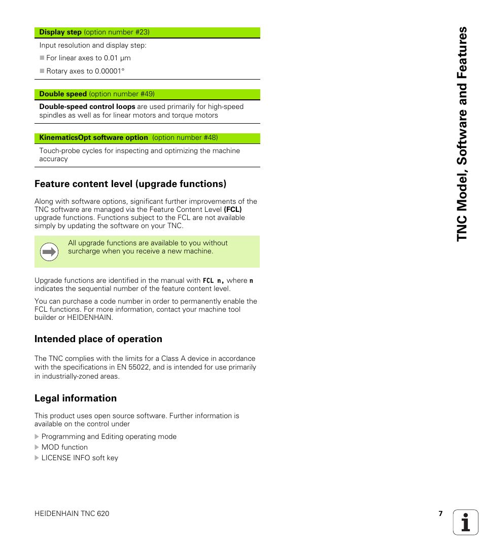 Feature content level (upgrade functions), Intended place of operation, Legal information | Tnc model, sof tw a re and f eat ur es | HEIDENHAIN TNC 620 (340 56x-03) Cycle programming User Manual | Page 7 / 459