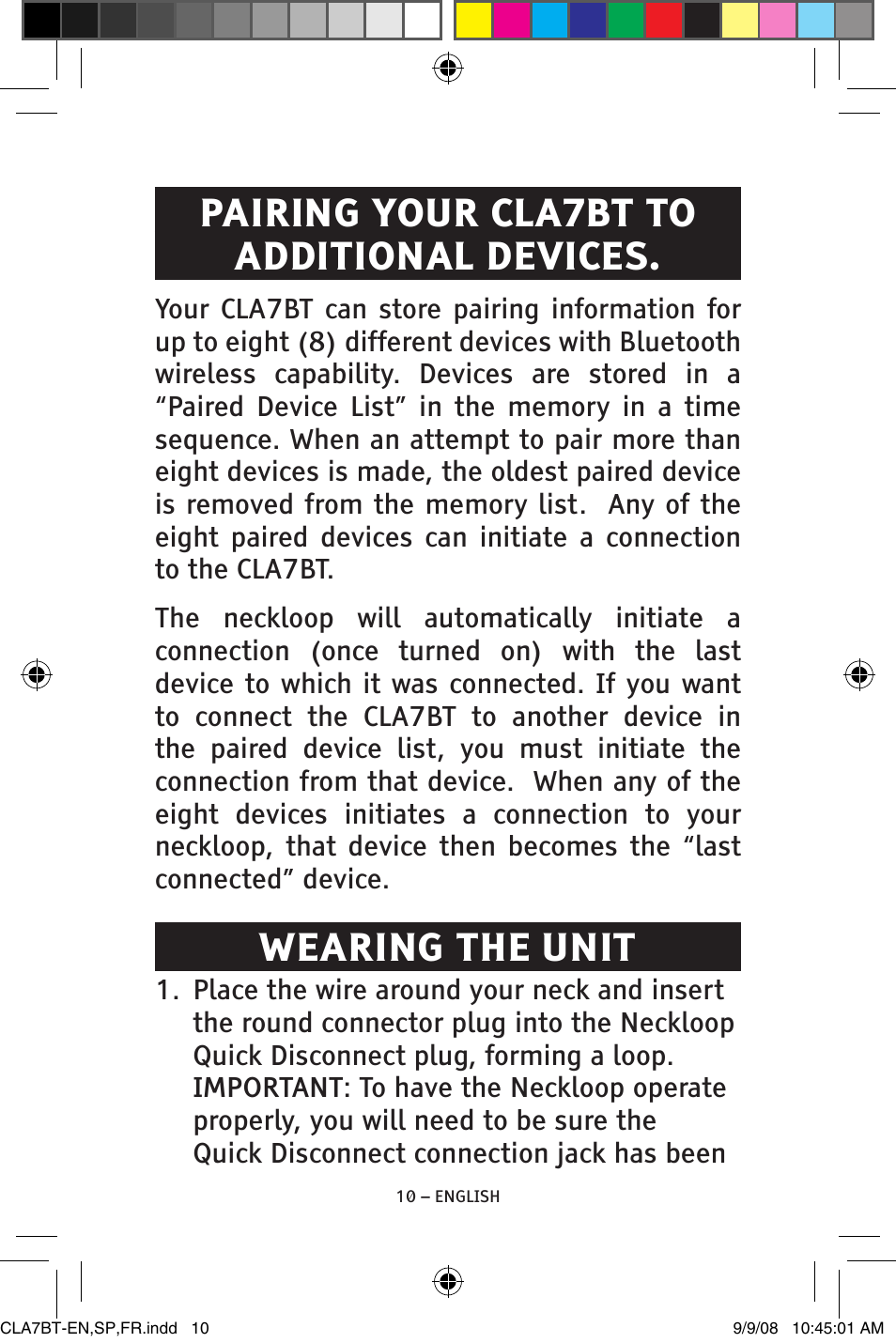 Pairing your cla7bt to additional devices, Wearing the unit | ClearSounds V808 User Manual | Page 10 / 76