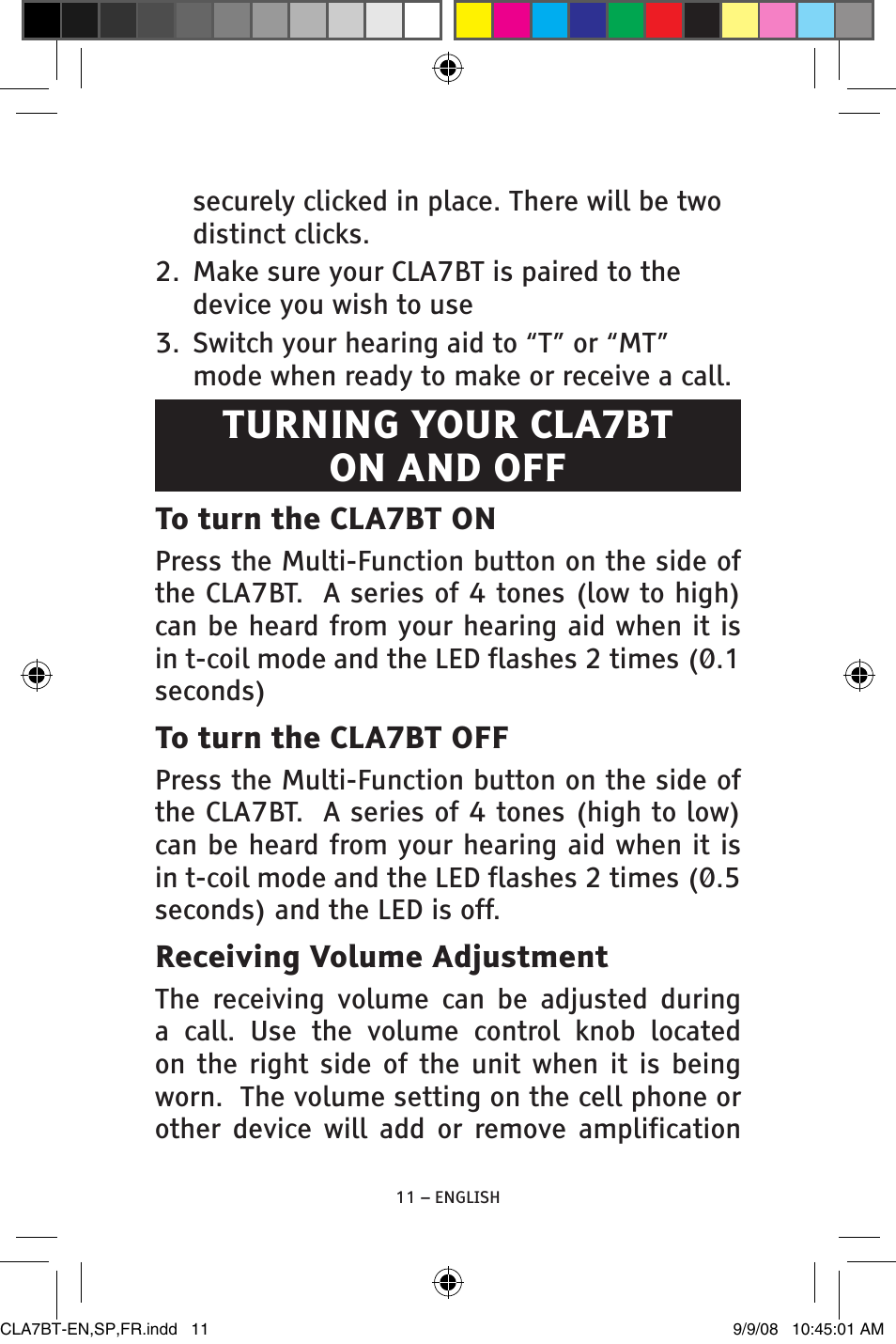 Turning your cla7bt on and off | ClearSounds V808 User Manual | Page 11 / 76