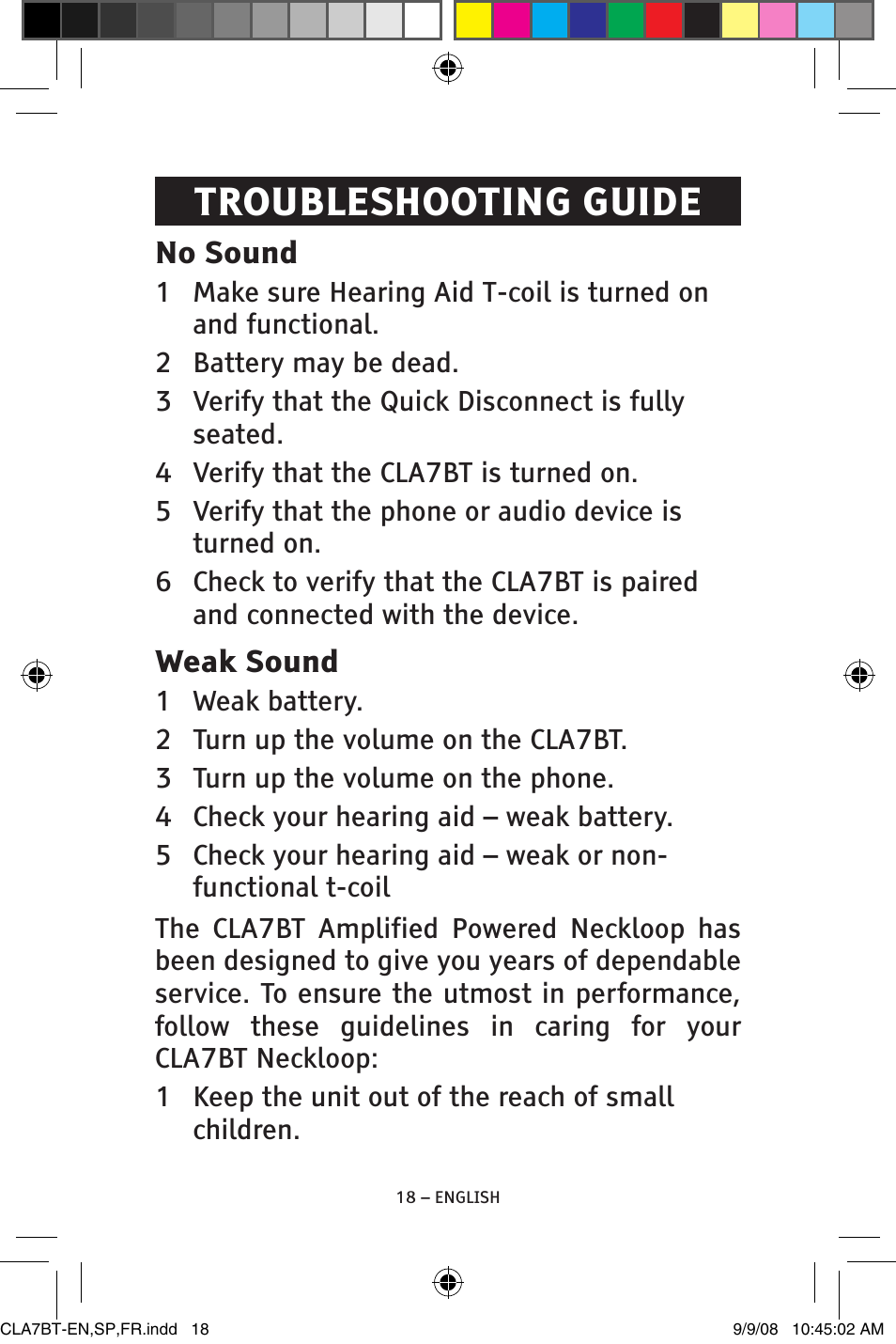 Troubleshooting guide, No sound, Weak sound | ClearSounds V808 User Manual | Page 18 / 76