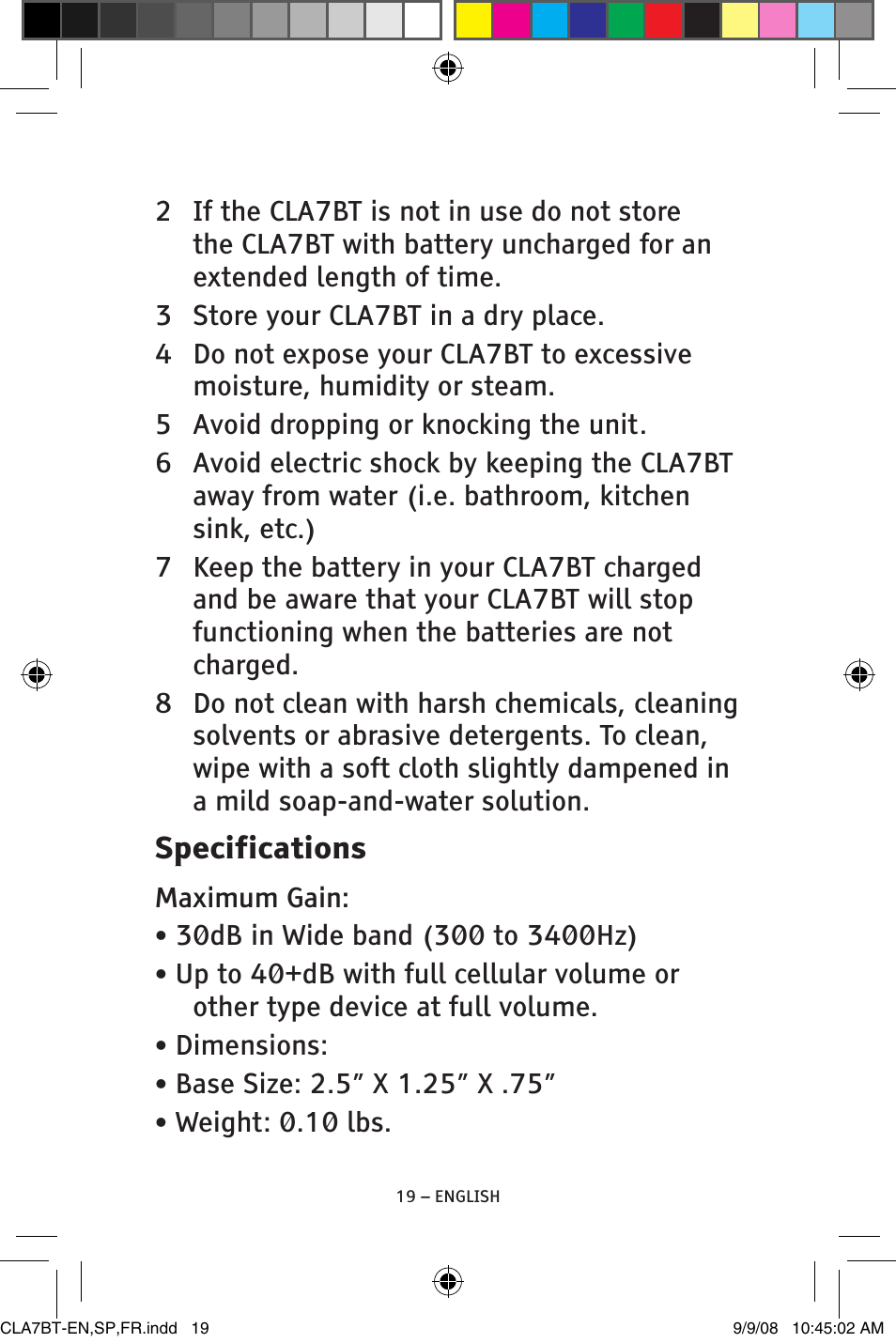 Specifications | ClearSounds V808 User Manual | Page 19 / 76