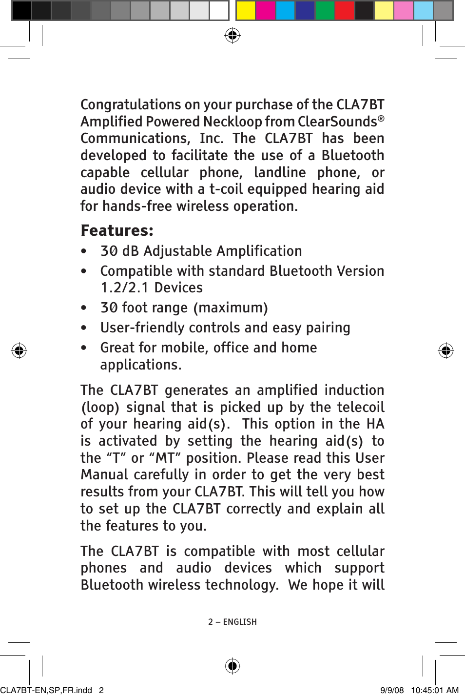 Features | ClearSounds V808 User Manual | Page 2 / 76