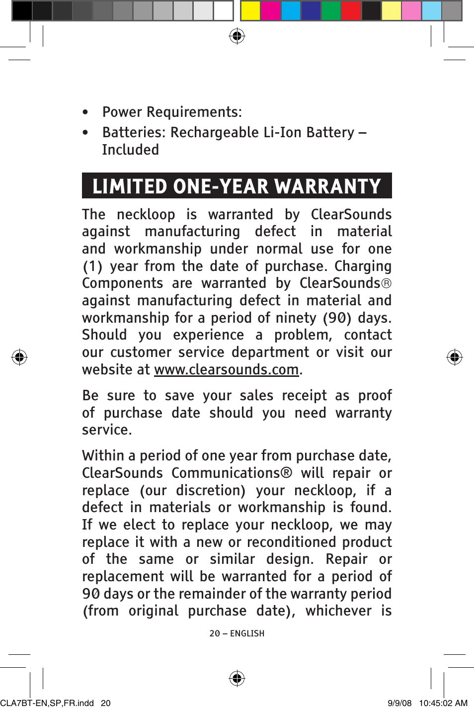 Limited one-year warranty | ClearSounds V808 User Manual | Page 20 / 76