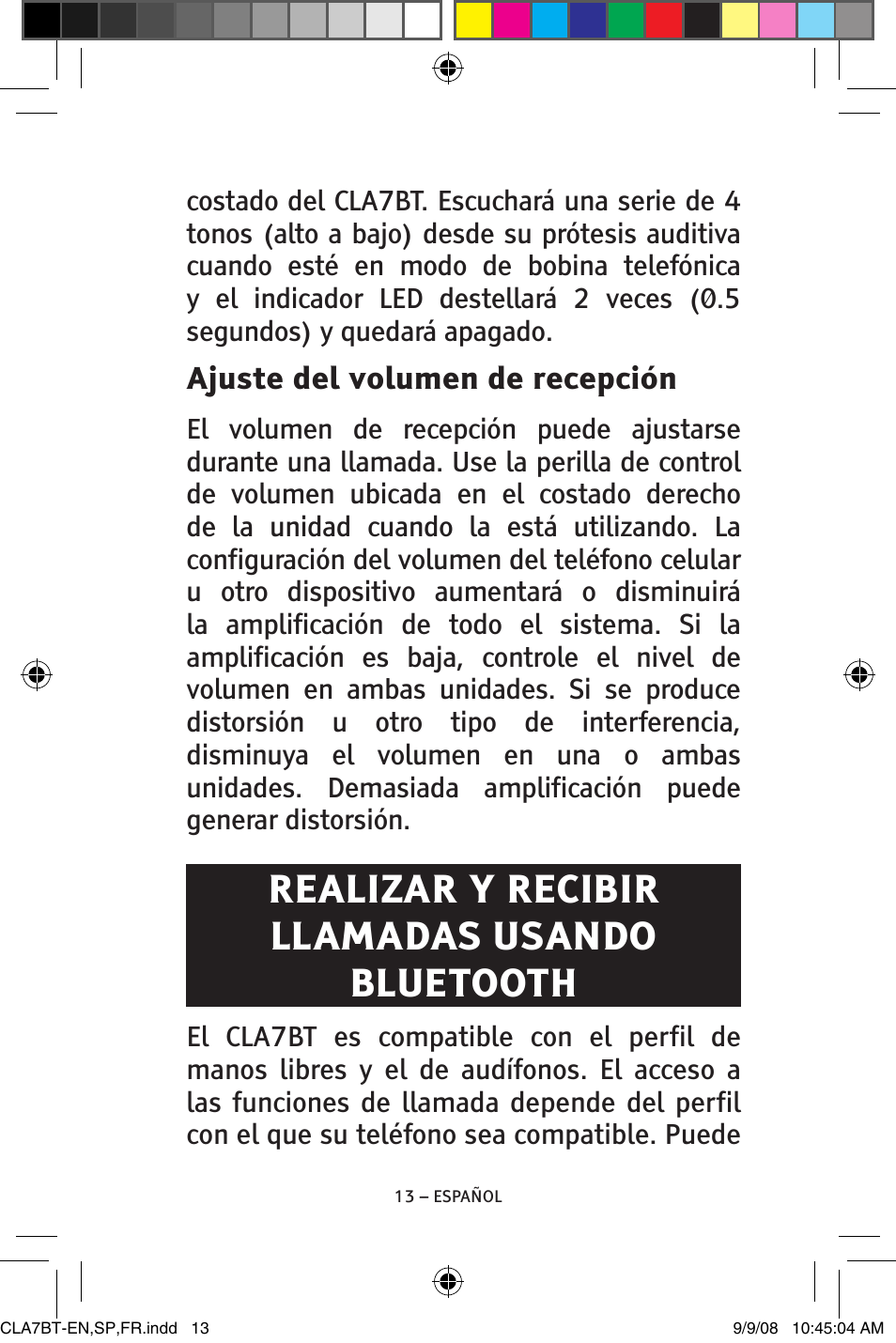 Realizar y recibir llamadas usando bluetooth | ClearSounds V808 User Manual | Page 37 / 76