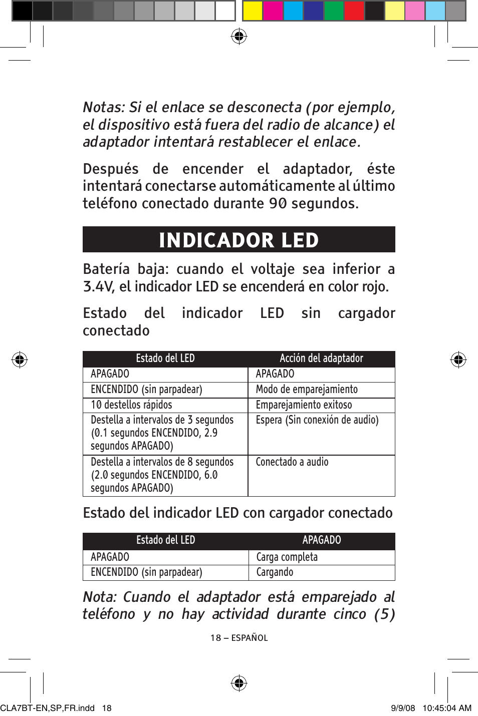 Indicador led, Estado del indicador led con cargador conectado | ClearSounds V808 User Manual | Page 42 / 76