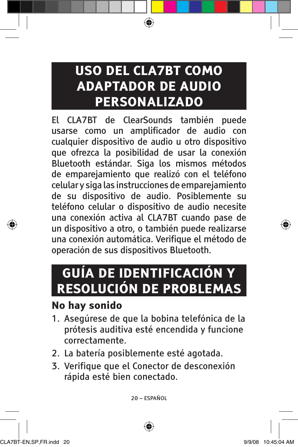 Guía de identificación y resolución de problemas | ClearSounds V808 User Manual | Page 44 / 76