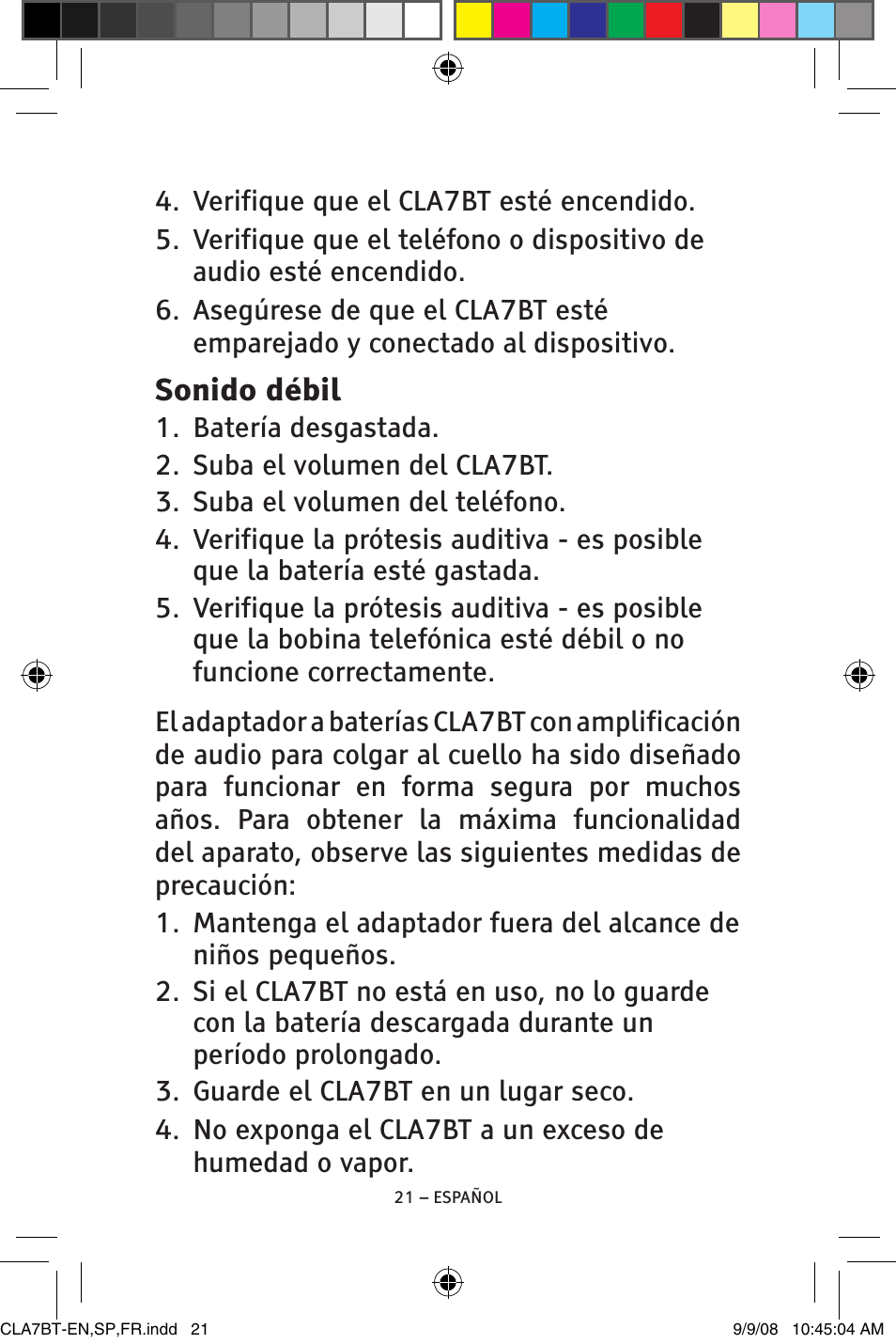 Sonido débil | ClearSounds V808 User Manual | Page 45 / 76