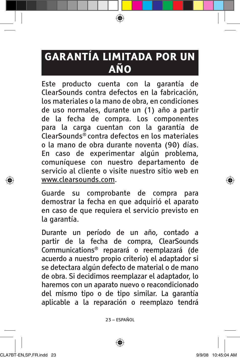 Garantía limitada por un año | ClearSounds V808 User Manual | Page 47 / 76