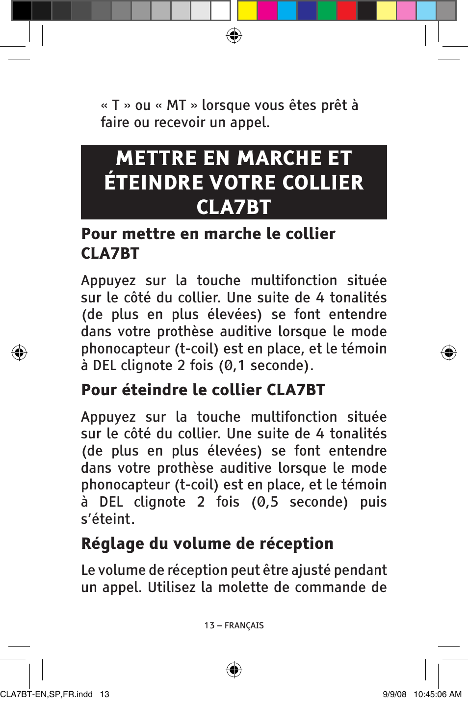 Mettre en marche et éteindre votre collier cla7bt | ClearSounds V808 User Manual | Page 63 / 76