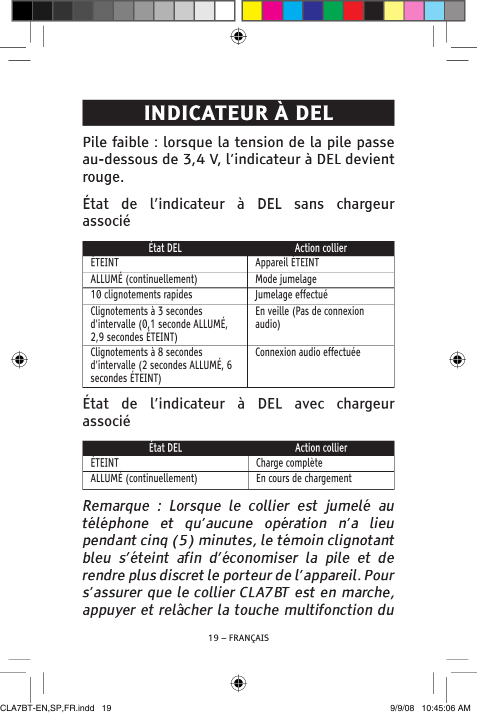 Indicateur à del, État de l’indicateur à del avec chargeur associé | ClearSounds V808 User Manual | Page 69 / 76