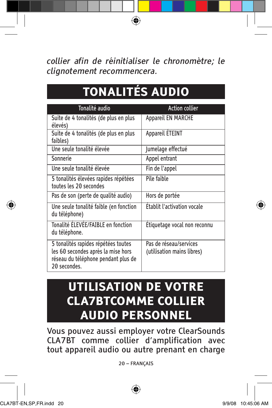Tonalités audio | ClearSounds V808 User Manual | Page 70 / 76