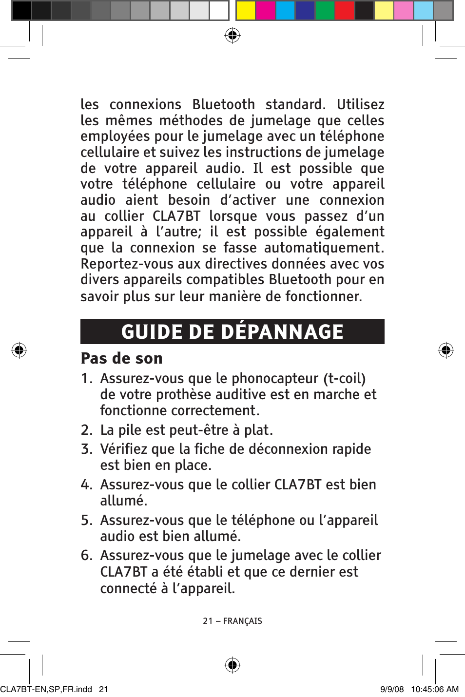 Guide de dépannage, Pas de son | ClearSounds V808 User Manual | Page 71 / 76