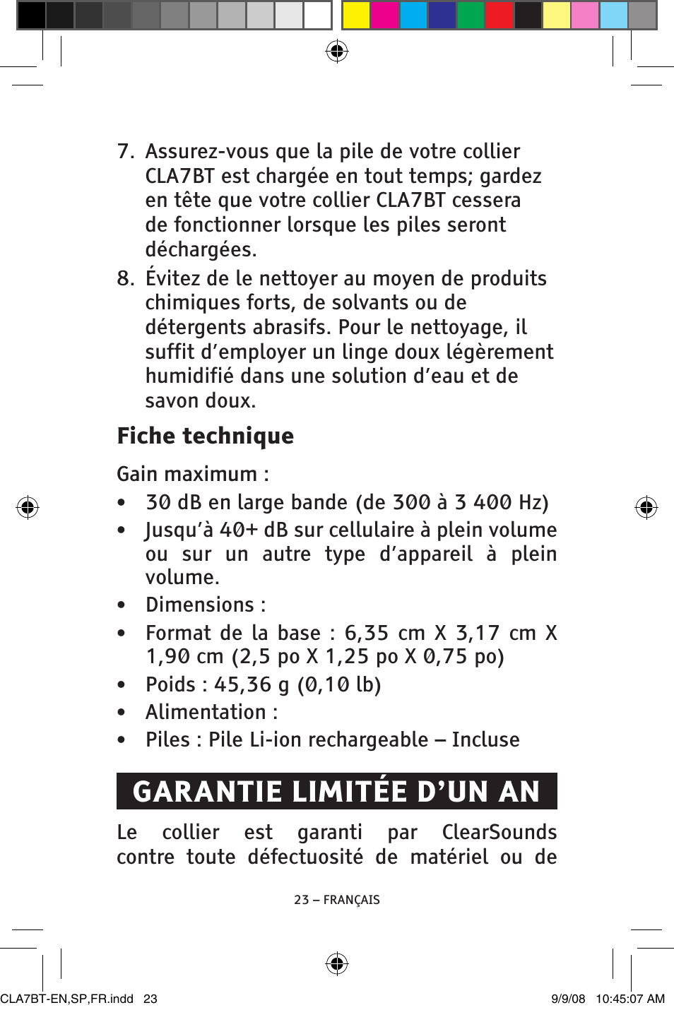 Garantie limitée d’un an, Fiche technique | ClearSounds V808 User Manual | Page 73 / 76