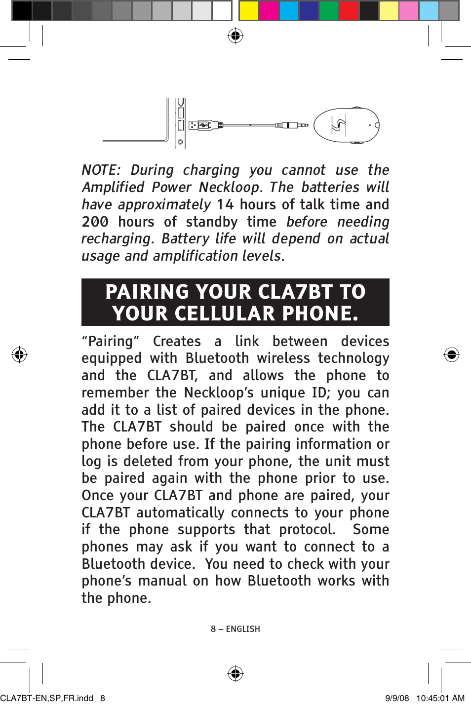 Pairing your cla7bt to your cellular phone | ClearSounds V808 User Manual | Page 8 / 76