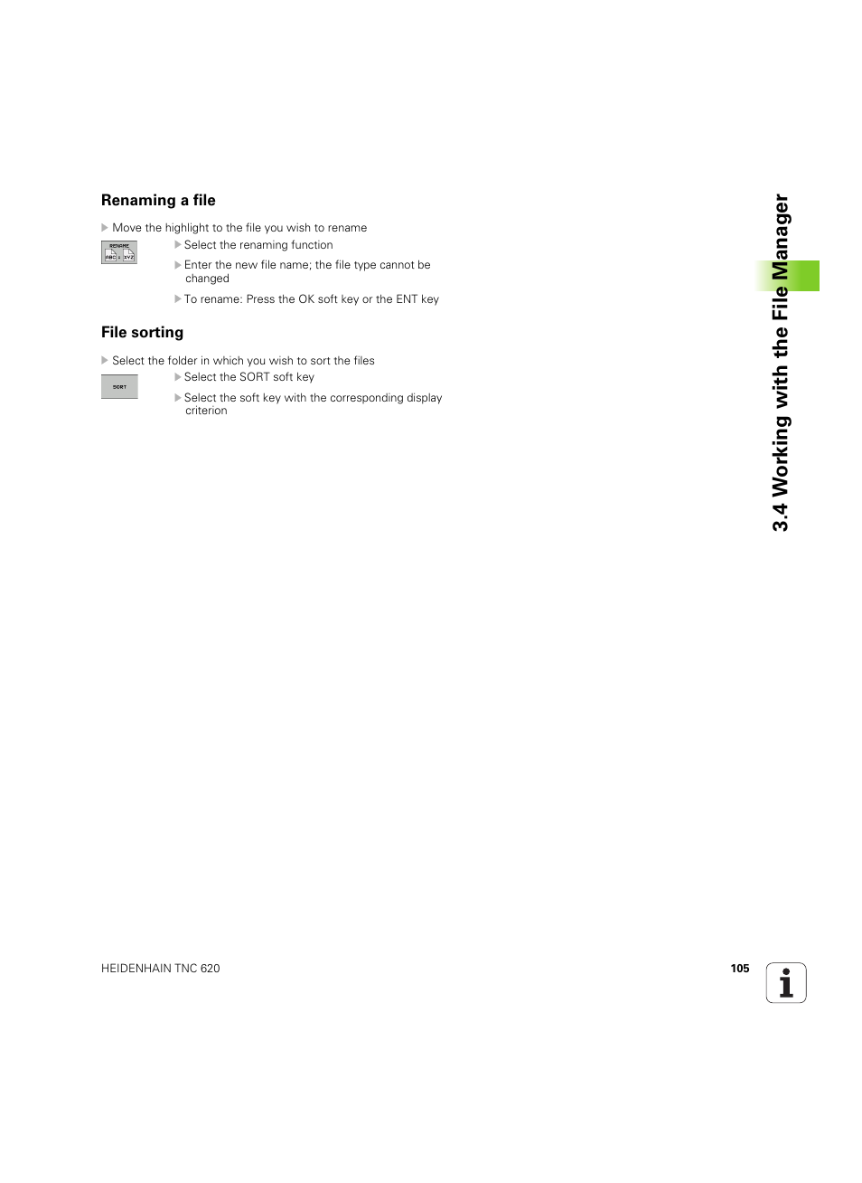 Renaming a file, File sorting, 4 w o rk ing with the file manag e r | HEIDENHAIN TNC 620 (340 56x-03) ISO programming User Manual | Page 105 / 491