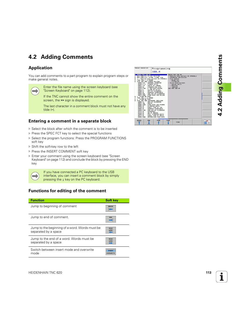 2 adding comments, Application, Entering a comment in a separate block | Functions for editing of the comment, 2 a dding comments 4.2 adding comments | HEIDENHAIN TNC 620 (340 56x-03) ISO programming User Manual | Page 113 / 491